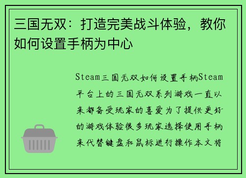 三国无双：打造完美战斗体验，教你如何设置手柄为中心