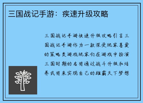 三国战记手游：疾速升级攻略