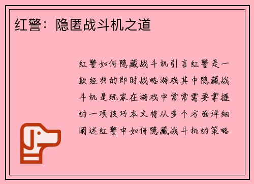 红警：隐匿战斗机之道