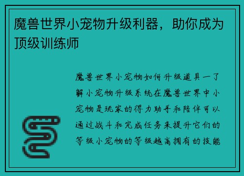 魔兽世界小宠物升级利器，助你成为顶级训练师