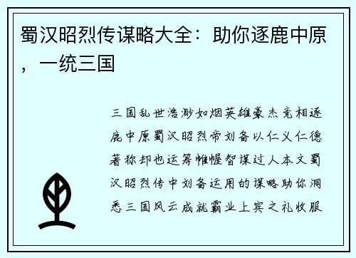 蜀汉昭烈传谋略大全：助你逐鹿中原，一统三国